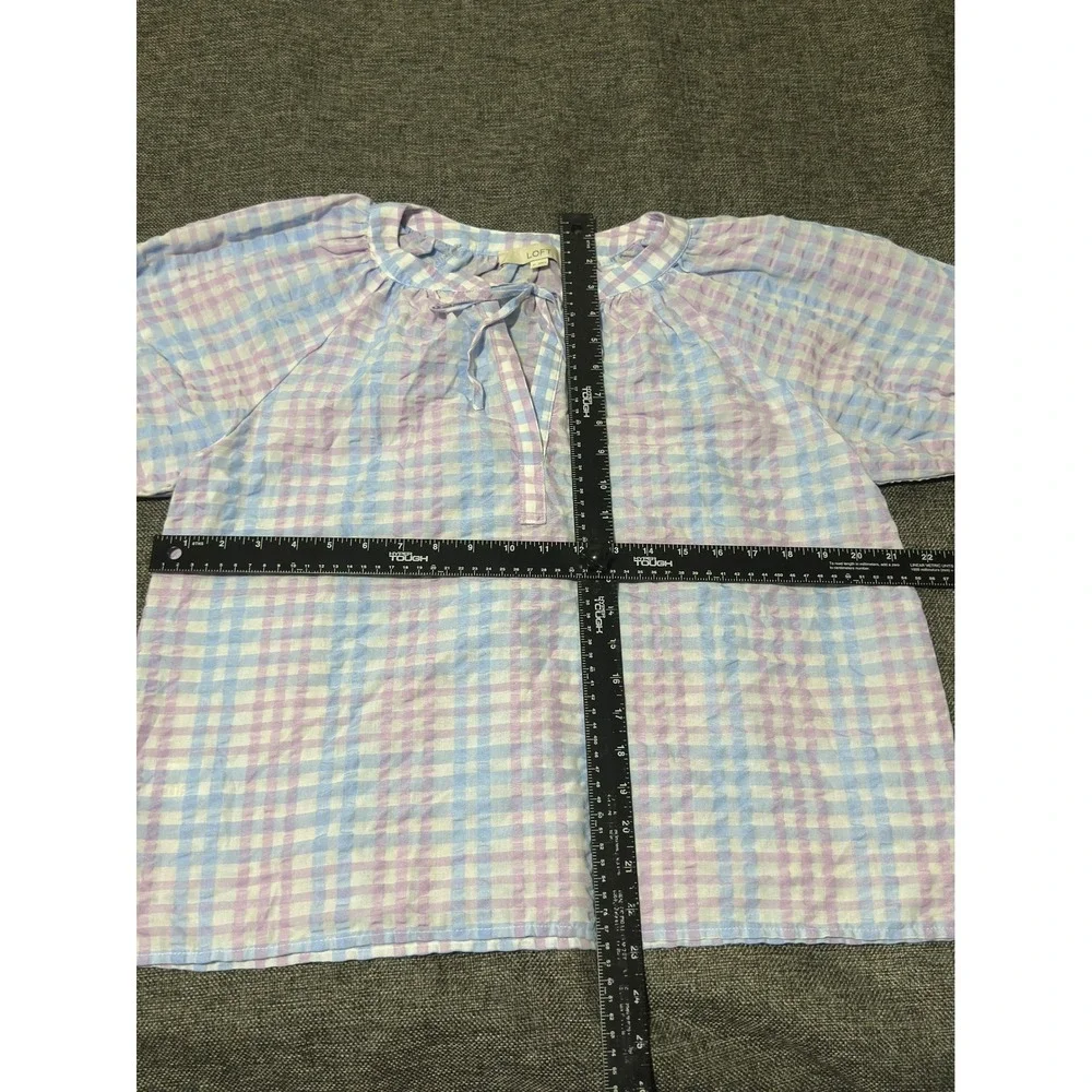 LOFT Women's Medium Blouse Gingham Purple Blue Puff Sleeve Tie Neck